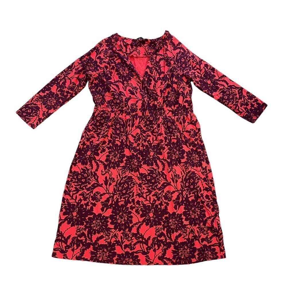 Women’s Lands End Faux Wrap Dress Floral Sz Large‎ Burgundy Salmon